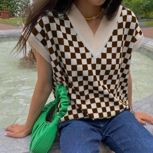 Harajuku Winter College style knit Womens vest Vintage lattice Sweater Y2k Pullover Casual Splice Sweater oversize V-Neck tops