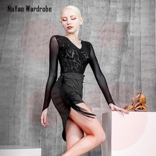2021 New LW664 Long Sleeve Leopard Wrinkle Tassel Design Latin Dance Dress Dancing Performance Women Dress Ballroom Samba Tango