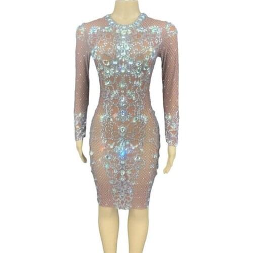 New Nude See Through Mesh Silver Crystals Dress Women Sexy Birthday Celebrate Transparent Long sleeve Prom Sexy Stones Costume