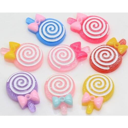 100/50pcs Mixed Color Glitter Lolly With Bow Resin Lollipop Candy Scrapbook DIY Kawaii Cabochon