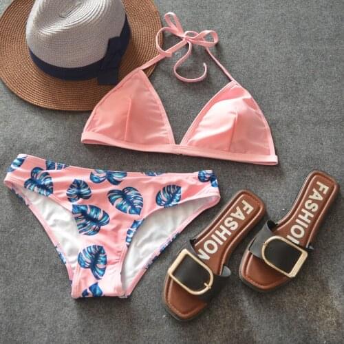 2018 Swimwear Women Sexy Micro Bikinis Set Brazilian Bikini Swimsuit Blue Leaf Print Bathing Suit Pink Solid Push Up Biquini