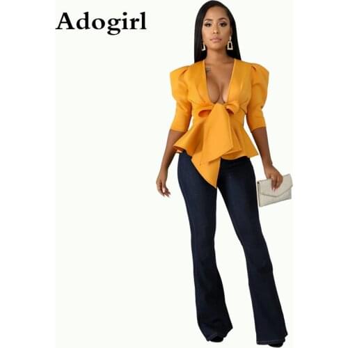 Adogirl V-neck Ite Up Bow Ruffles Coat Puff Half Sleeve Bandage Bow Tie Slim Office Ladies Shirt Blouse Elegant Tops Coat