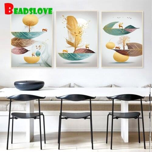 3 Piece diamond painting Abstract Art Golden Feather Deer Green Leaf Triptych diamond embroidery,full drill,sqaure round diaomnd