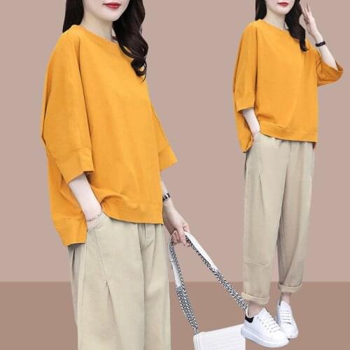 Pant Suits Womens Cotton Top +Trousers Sets Femme Fashion O Neck T-Shirt +Casual Pants New Two-Piece Suit Female Elegant Green