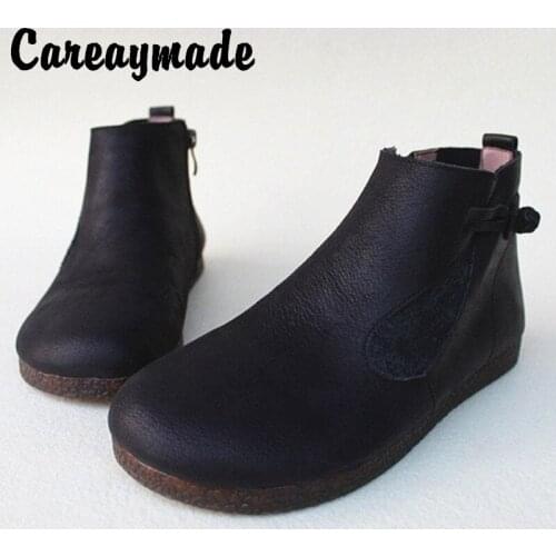 Careaymade-Retro literary artistic soft-soled Button short boot,thin zipper handmade top-level cowhide high-top womens shoes