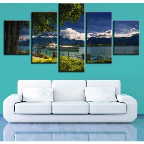 Decor Painting Wall Art Printed 5 Pieces Tree Lake Boat Mountain And Blue Sky White Cloud Scenery Canvas Pictures Modular Poster