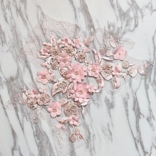 Pink nail bead 3D lace applique patch childrens tire patch costumes dress clothing accessories by hand