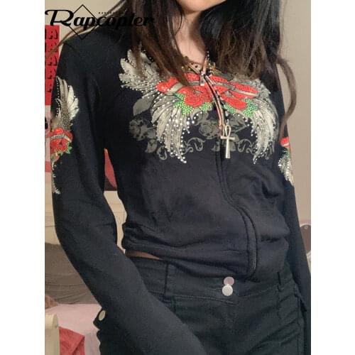 Rapcopter Print y2k Kawaii Jackets Rhinestone Zipper Hoodies Grunge Long Sleeve Cropped Coat Vintage Autumn Winter Women Clothes