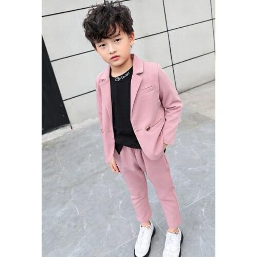 Boy Pink Black Quality Suit Wedding Clothes Coat+Pants Kids Costume Stage Host Shows Boy Party Formal Suits Size 90-140