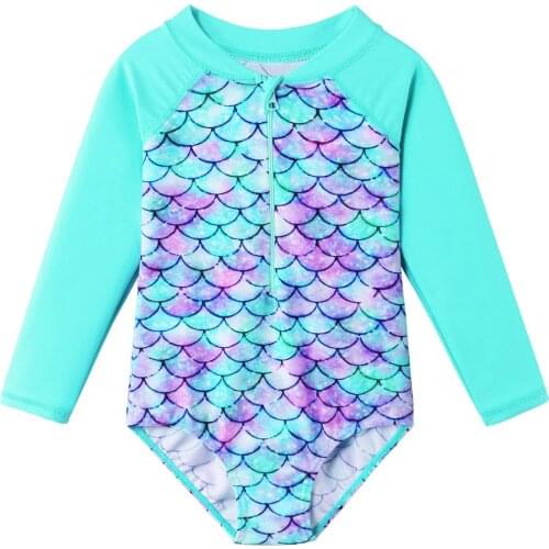 BAOHULU Long Sleeve Girls' Swimsuit Kids One Piece Sparkly Scales Bathing Suits Girl Childrens Swimwear UV50+ Rash guards Teens