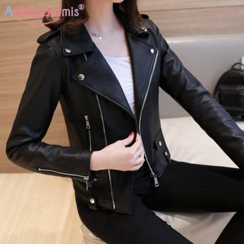 Aelegantmis Faux Leather Jacket Women Slim Short PU Coats Zipper Black Turn Down Collar Cropped Motorcycle Jackets Female Chic