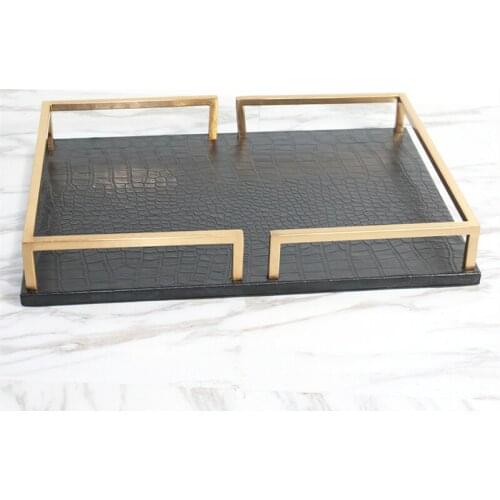 Metal Leather Tray Jewelry Display Plate Handle Black Retangle Gold Jewelry Dish Decoration Shelf Decoration Storage Supplies