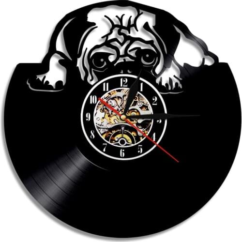 1Piece Vinyl Record Wall Clock Pug Dog British English Bulldog Wall Art Decor Modern Design Home Decor Unique Gift For Dog Lover