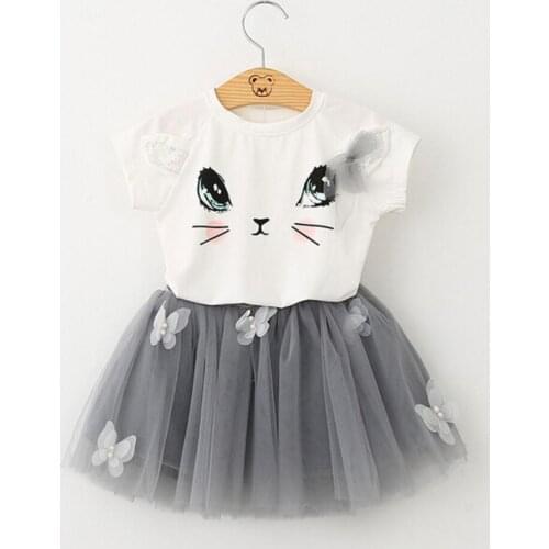 Girls Clothes 2021 Brand Summer Kids Cartoon Cute cat T-shirt + Butterfly Skirt Children Clothing Set Baby Girl Tops 2pcs
