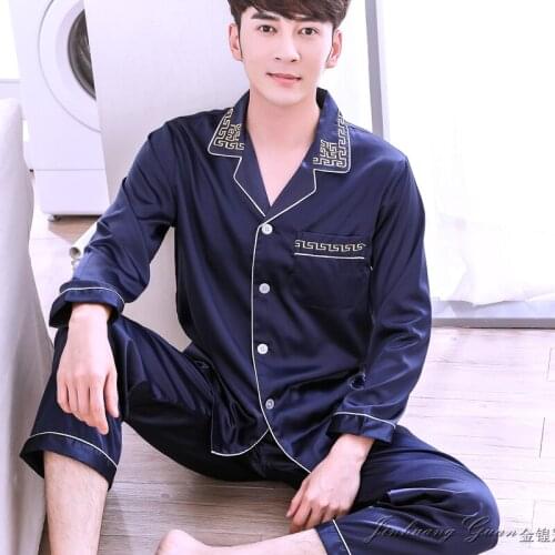 Sleepwear Men Spring Autumn Nightwear Long Sleeve Silk Homewear Male Two-piece Suit Pajamas Thin Large Size Soft Bathrobe H5535