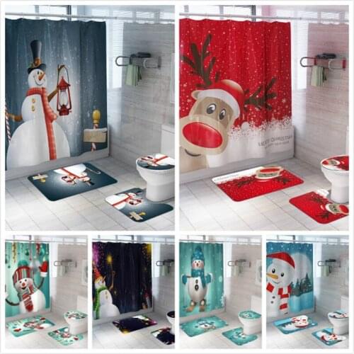 Christmas Snowman Elk Shower Curtain Bathroom Suit Reindeer Waterproof Fabric Bath Curtains Toilet Cover Mat Non Slip Rug Set