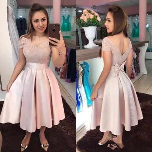 Off Shoulder Pink Prom Homecoming Dresses V Neck Knot Lace Pleats Short Sleeves Formal Prom Party Sweet 16 Dress Cocktail Dresse