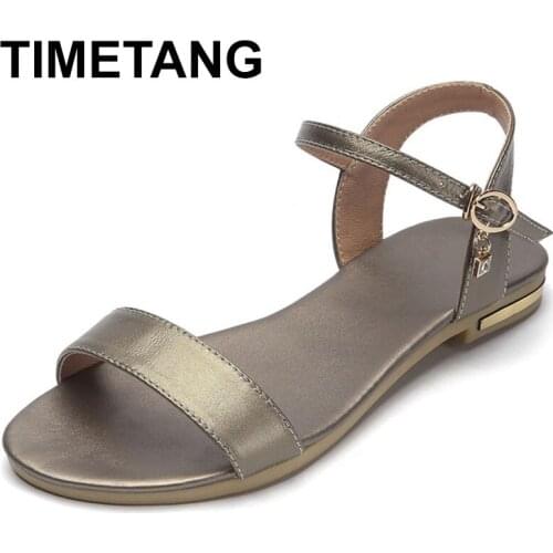 TIMETANG Size 35-46 New 2019 genuine leather sandals women shoes rhinestone female summer flat sandals ladies casual shoesE476