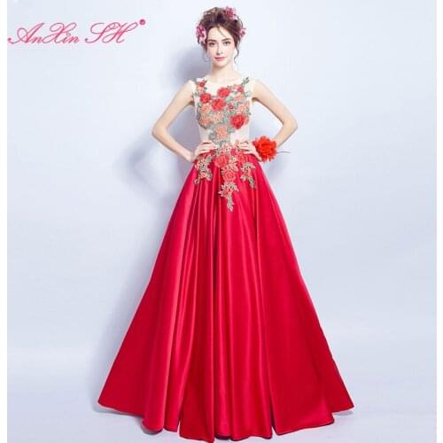 AXJFU Red Flower Embroidery evening Dress Sexy backless bride red evening dress princess illusion red flower evening dress 616