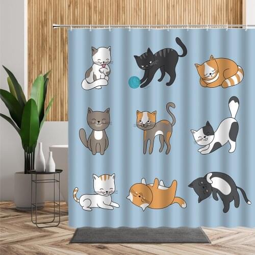 Cute Cat blue Shower Curtain Childrens Gift Cartoon Animal Bathroom Waterproof Bathtub Screen Polyester Bath Curtains With Hooks