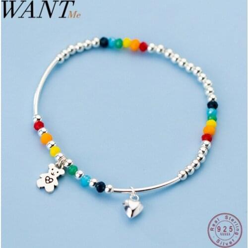 WANTME 925 Sterling Silver Cute Bear Tassel Romantic Love Bead Bracelet for Women Colorful Handmade Bangle Fine French Jewelry