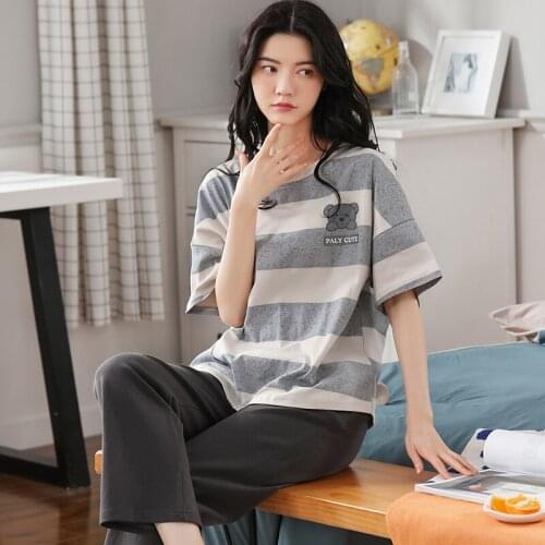 Plus Size Cotton Summer Women Pajamas Set Short Sleeve Gray Stripe Homewear For Women Fashion Korean Cartoon Cute Girl Sleepwear