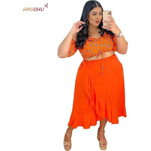 HAOOHU Womens Clothing 2021 Summer Solid Color Lace-up Top Floral-Print Off-Shoulder Two-Piece Skirt Suit Floral Big Hem Orange
