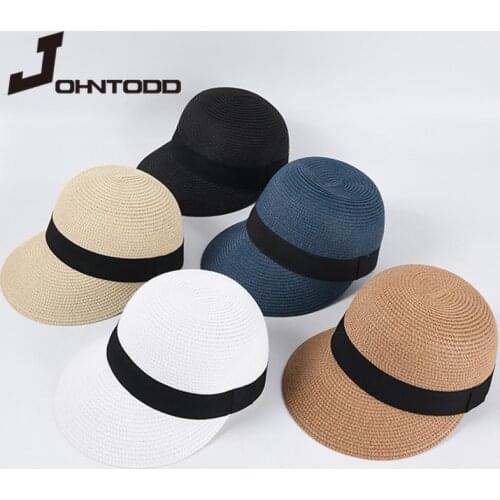 2021 New Summer Women Solid Color Straw Hat with Black Checkered Ribbon Fashion Sun Hats Outdoor Casual Baseball Cap Sunscreen