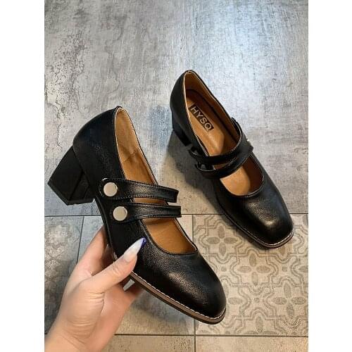 Womens shoes leather shoes 2020 autumn new fashion shallow mouth square toe Mary Jane high heels