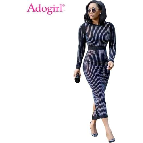 Adogirl Plus Size S-3XL Dazzling Colorful Diamonds Maxi Dress O Neck Long Sleeve Sheath Bodycon Club Party Dress Casual Outfits