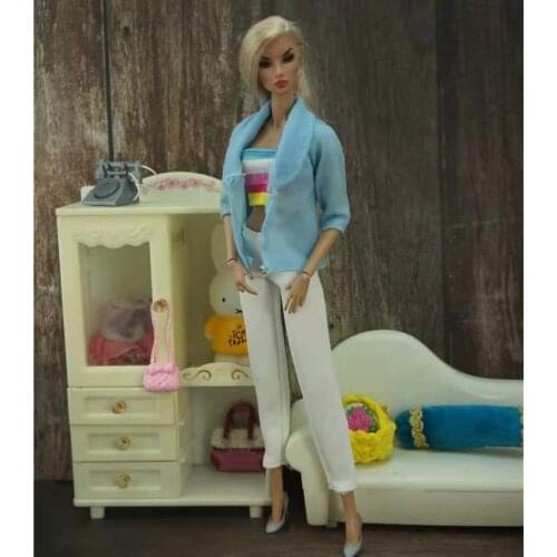 1/6 BJD Clothes Blue Coat Jacket Tube Top White Pants Trousers Outfit for Barbie Doll Clothes Clothing 11.5" Dollhouse Accessory