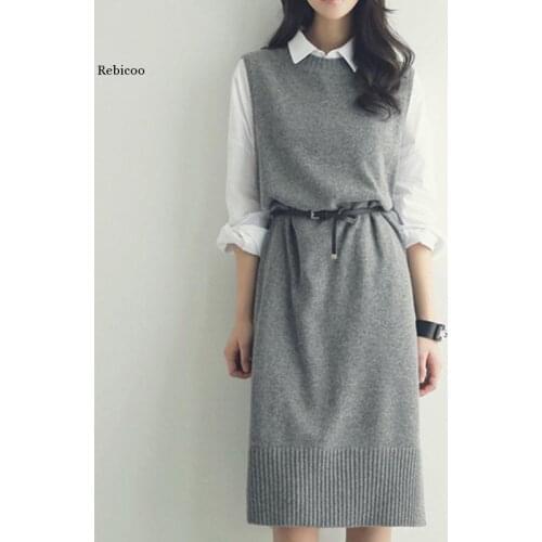 3 Colors Women Long Knitted Sweater Dress Vest Sleeveless Warm Autumn Winter Pullover Vest Dress Sweater Casual
