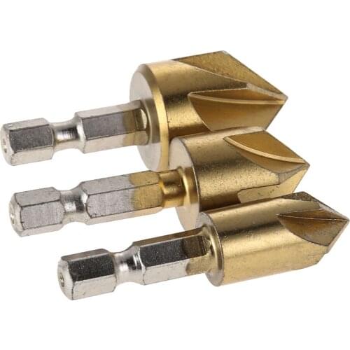 3PCS Chamfer 5 Flutes HSS 1/4 Inch Hex Shank Chamfer Cutter 12/16/19mm Countersink Drill Bit For Chamfering Countersinking