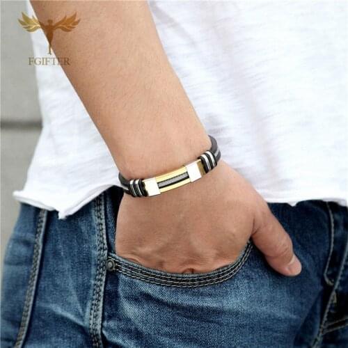 Stainless Steel Bracelet Men Wrist Band Black Grooved Rudder Silicone Mesh Link Insert Punk Wristband Stylish Casual Bangle