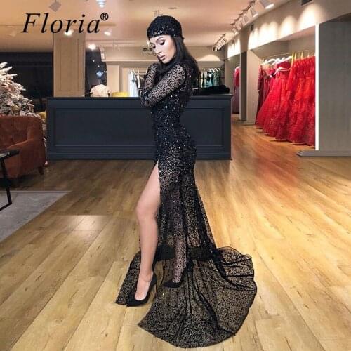 2020 Middle East Black Prom Dresses Mermaid Beading Sequins Women Party Gowns Formal Sparkly Evening Dress Cocktail Gowns Custom