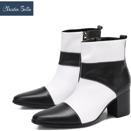 Christia Bella Designer Black White Patchwork Men Party Boots High Heel Man Ankle Boots Club Prom Short Boots Male Stage Shoes