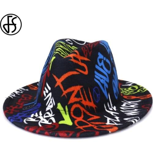 FS 2021 British Style Wide Brim Bowler Church Trilby Hats For Men Women Graffiti Woolen Felt Fedora Hats Elegant Fascinators