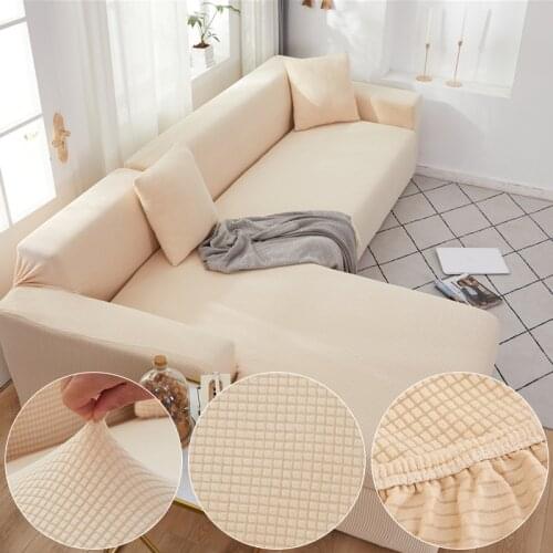 Plaid Corn Fleece Fabric Beige Sofa Cover For Living Room Solid Color All-inclusive Modern Elastic Corner Couch Slipcover 45012