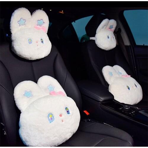 Korean Cute Cartoon Car Headrest Four Seasons Universal Plush Little Rabbit Head Car Lumbar Support Headrest Pillow Series