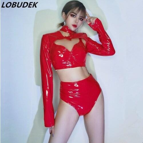 Red PU Leather Bra High-waist Shorts Tops 4 Pieces Set Sexy Nightclub Bar DJ Singer Jazz Modern Dance Costume Dancer Clothes
