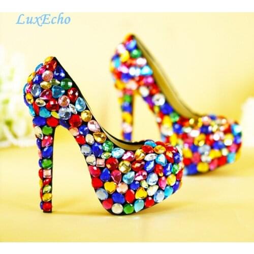Love Moments muilti color big rhinestone high heel wedding shoes colorful thin heels platform shoes girl party shoe and bag