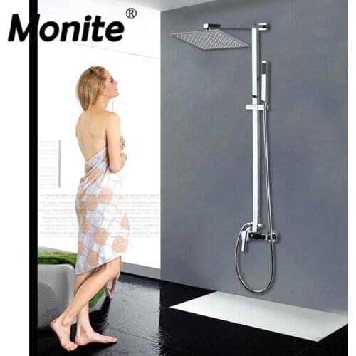 Monite 8 Inch Big Rainfall Shower Set Mixer Faucets Chrome Polished Wall Mounted Bathroom Adjust Height Handheld Shower Faucet