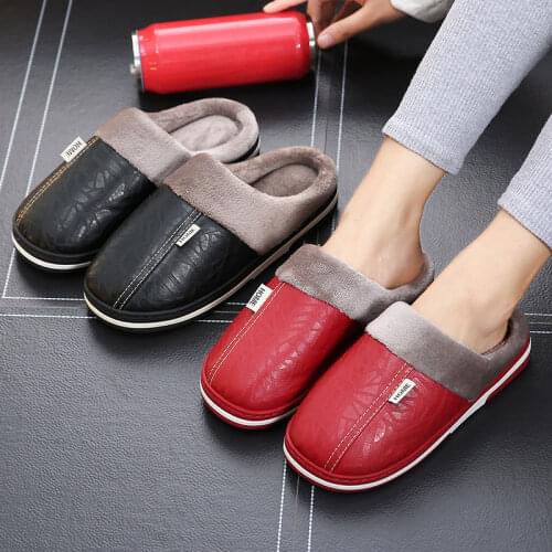 Men Winter New PU Cotton Slippers Wholesale Female Large Size 50 Warm Couple Home Shoes Women Plush Waterproof Cotton Shoes Men