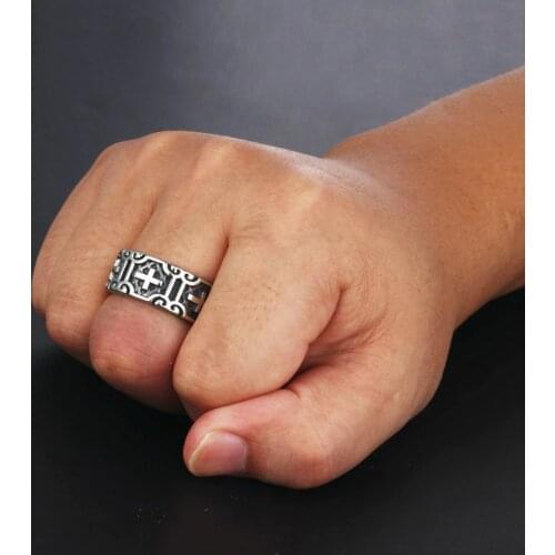 Antique Silver Color Black Biker Cross Engraving Rings for Men Stainless Steel Wedding Bands Rings Boys Punk Christ Jewelry
