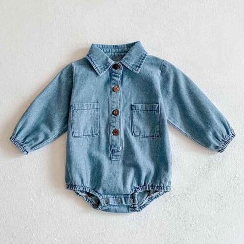 Spring Korean Baby Boys And Girls Denim Lapel Long Sleeve Newborn Triangle Jumpsuit Infant Clothes