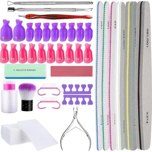 38PCS Nail Polish Remover Tools Set with Nail Tip Cap Files Cuticle Scraper Nipper Peeler Brush Dead Skin Fork Separators Bottle