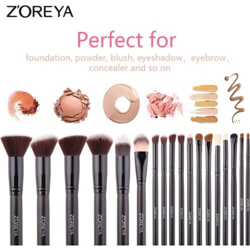 ZOREYA 18pcs High Quality Synthetic Hair Makeup Brushes Sets With Black Wooden Handle Concealer Contour Blending Eye Shadow Tool