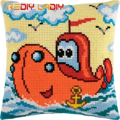 Cross Stitch Cushion Kits Submarine Pillow Case Pre-Printed Canvas Acrylic Chunky Yarn Needlepoint DIY Cross-stitch Art & Crafts