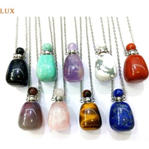 Natural columnar gems stone Perfume Bottle Pendant Amethysts rose quartzs lapis Essential Oil Diffuser silver plated Necklace