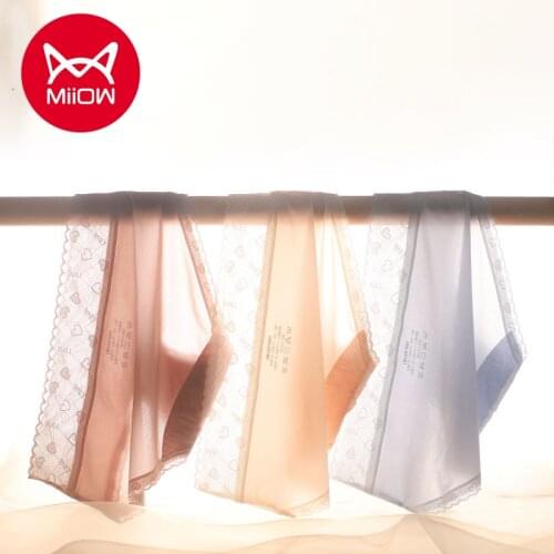 MiiOW 3 PCS of Ice Silk Underwear Womens Lace Seamless Mid-waist Student Korean Style Ultra-thin Sexy Transparent Briefs Women